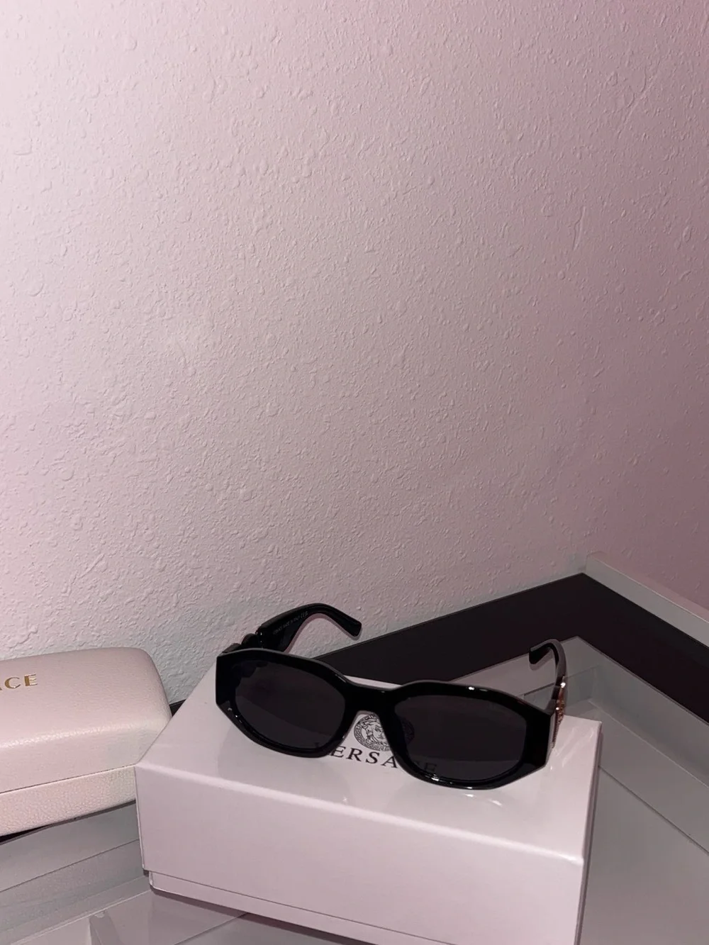 Versace Black Rectangular Sunglasses with Dark Lenses